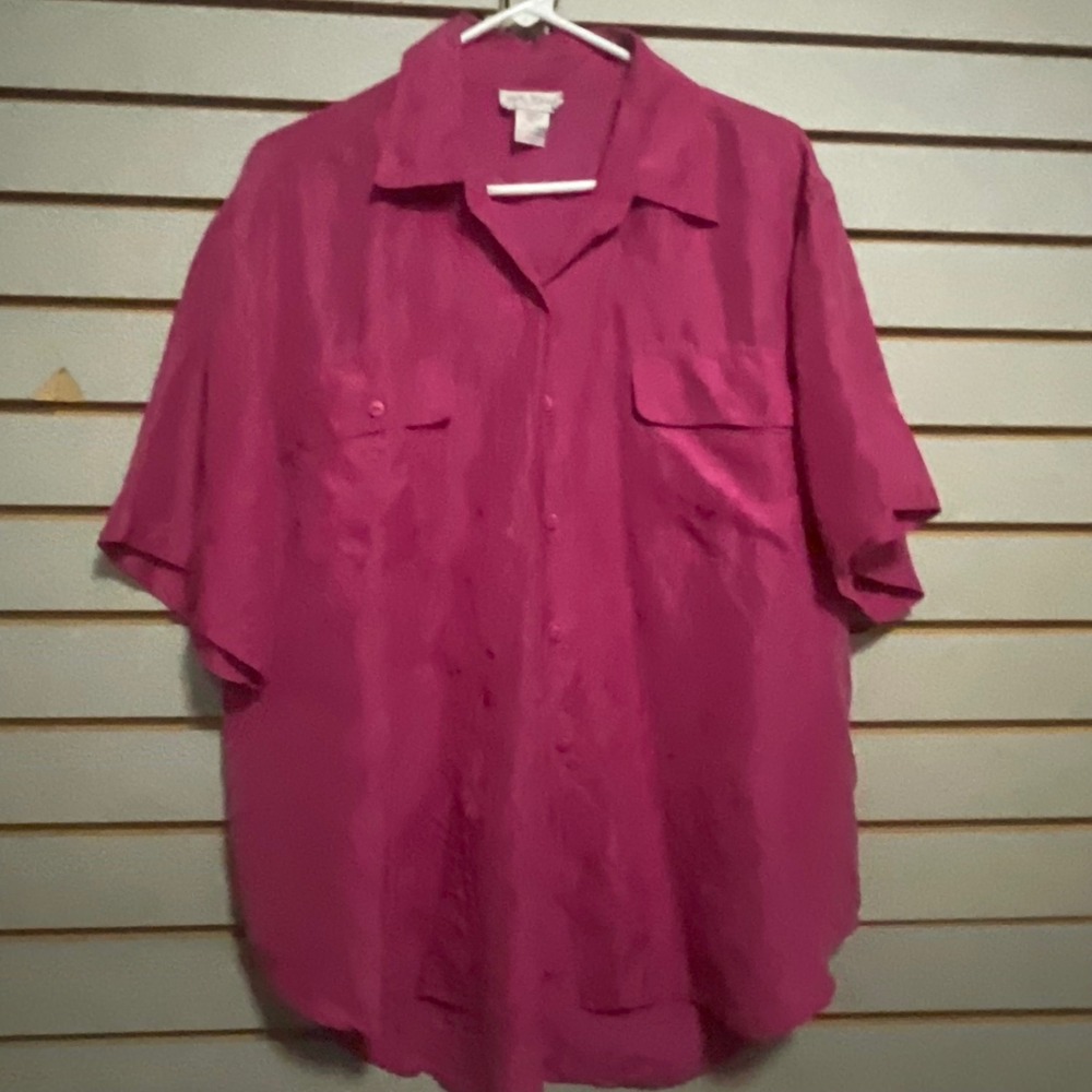 Silk Road Magenta Pink‎ 100% Silk Short Sleeve Button Down Shirt Blouse Large